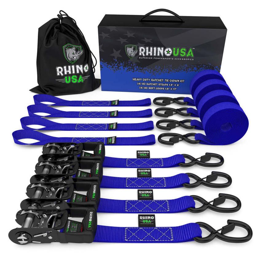 Rhino USA HDKIT-4PK-BLU Heavy Duty Ratchet Tie-Down 4-Pack (Blue) 1.6In X 8Ft