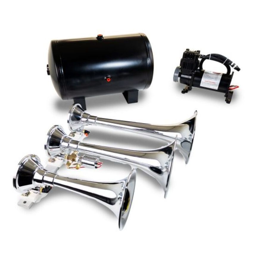 Kleinn Air Horns HK8 Kleinn Triple Chrome Horn Kit w/150 PSI Waterproof 3.0 gal Air Tank
