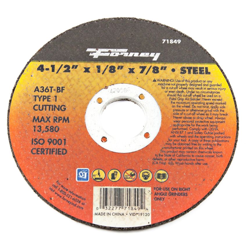 Forney 71849 Cut-Off Wheel with 7/8-Inch Arbor, Metal Type 1, A36T-BF, 4-1/2-Inch-by-1/8-Inch