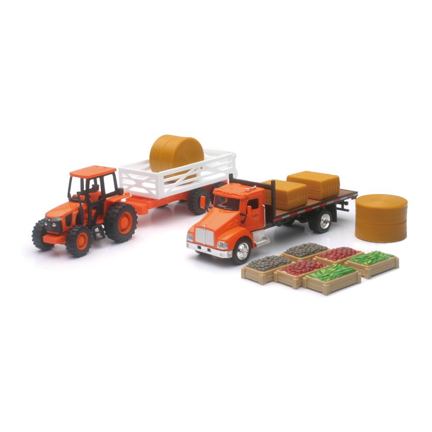 New Ray Toys SS-15815A Kubota Farm Tractor Play Set with Truck, Trailer, Crates and Haybales/ Scale - 1:32