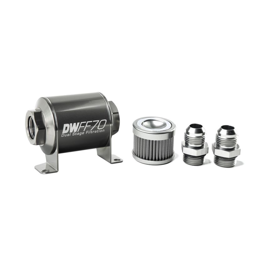 DeatschWerks Stainless Steel 10AN 100 Micron Universal Inline Fuel Filter Housing Kit (70mm)