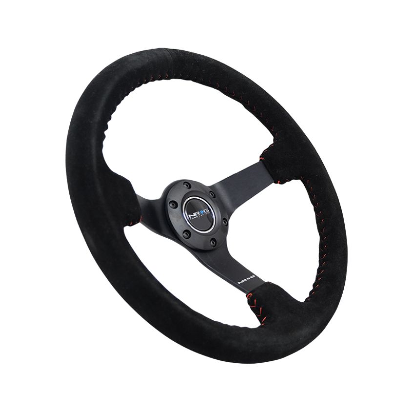 NRG Reinforced Steering Wheel (350mm / 3in. Deep) Blk Suede/Red BBall Stitch w/5mm Matte Blk Spokes