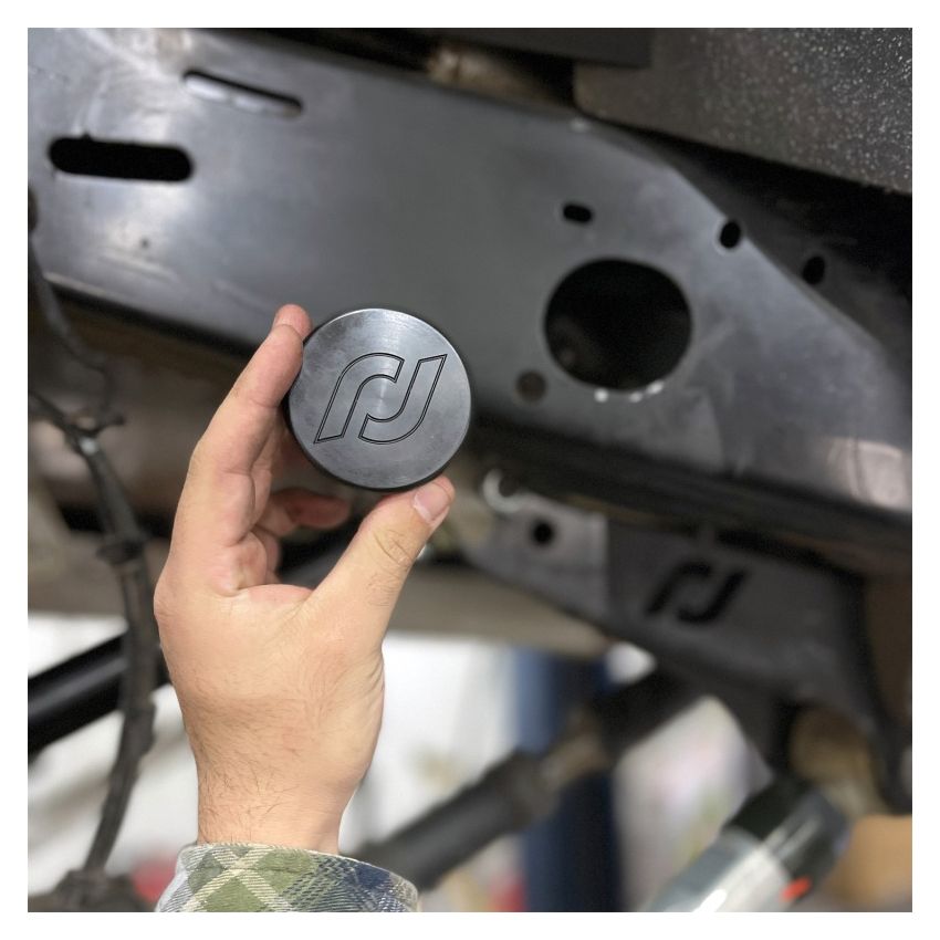 RockJock JL/JT Frame Rail Plugs Frame Behind Front Axle Centerline CNC Machined Black Delrin