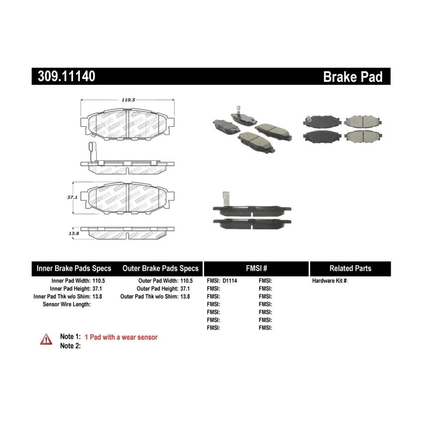 Stoptech 309.11140 Performance 08-10 WRX Rear Brake Pads