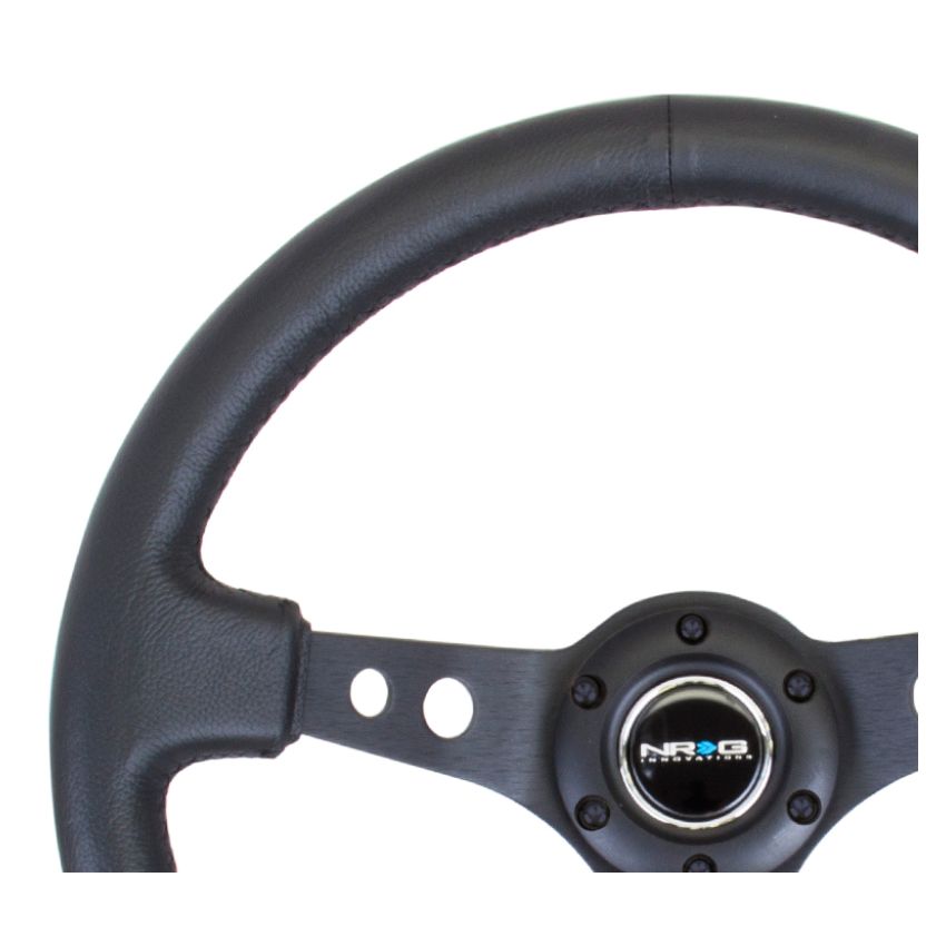 NRG Reinforced Steering Wheel (350mm / 3in. Deep) Blk Leather w/Blk Spoke & Circle Cutouts