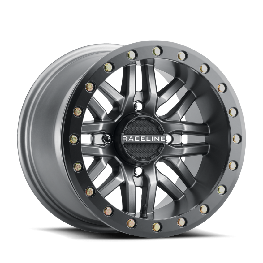 Raceline A91G Ryno 14x7in/4x156 BP/10mm Offset/132.5mm Bore - Gunmetal & Black Ring Beadlock Wheel