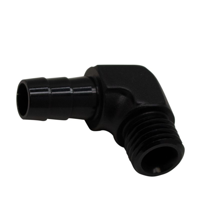 DeatschWerks Metric M12 to 3/8in Hose Barb 90-Degree Fitting w/ Venturi Port - Anodized Matte Black