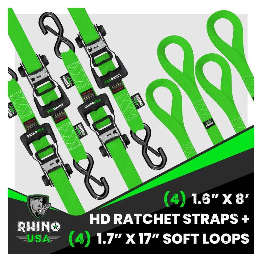 Rhino USA HDKIT-4PK-GRN Heavy Duty Ratchet Tie-Down 4-Pack (Green) 1.6In X 8Ft