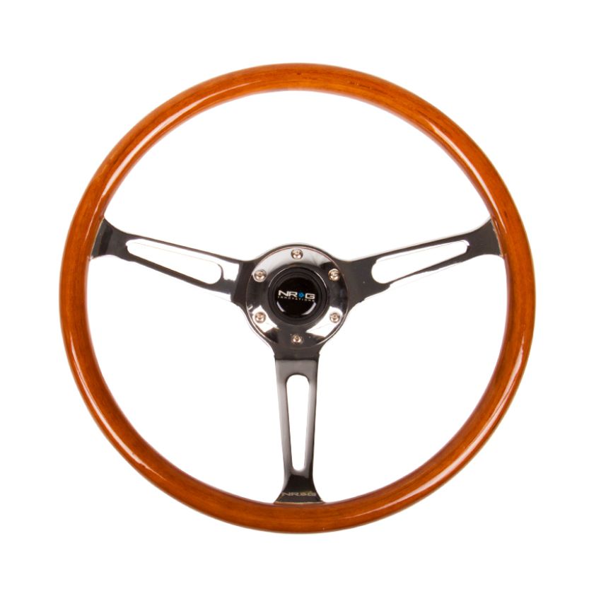 NRG Reinforced Steering Wheel (360mm) Classic Wood Grain w/Chrome Cutout 3-Spoke Center