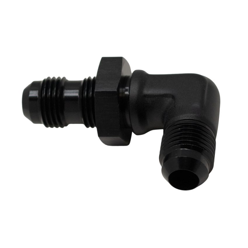 DeatschWerks 6AN Male Flare to 6AN Male Flare Bulkhead Adapter 90-Degree - Anodized Matte Black