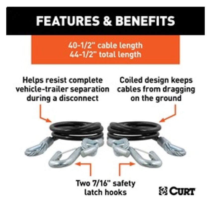 RockJock Curt Towing Safety Cable Kit 44 1/2in Long w/ 2 Snap Hooks 5000lbs 2-Pack