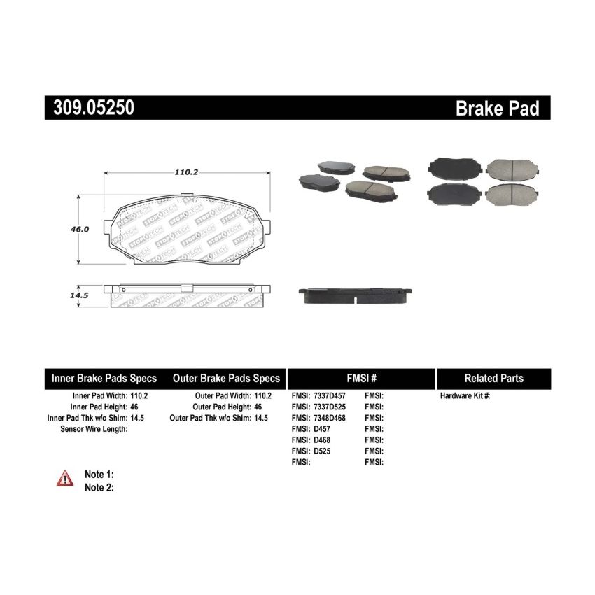 Stoptech 309.05250 Performance 90-93 Mazda Miata Front Brake Pads D525