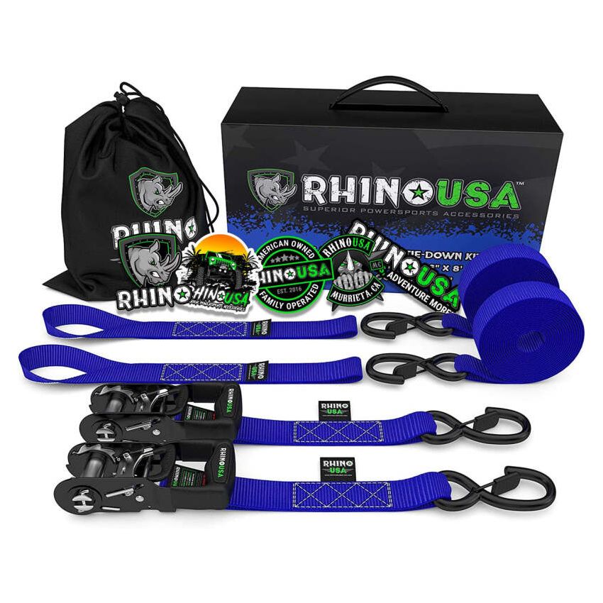 Rhino USA HDKIT-2PK-BLU Heavy Duty Ratchet Tie-Downs 2-Pack (Blue) 1.6In X 8Ft