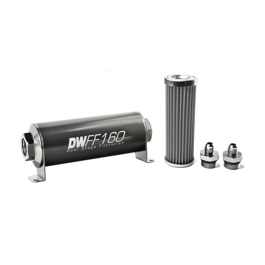 DeatschWerks Stainless Steel 6AN 100 Micron Universal Inline Fuel Filter Housing Kit (160mm)
