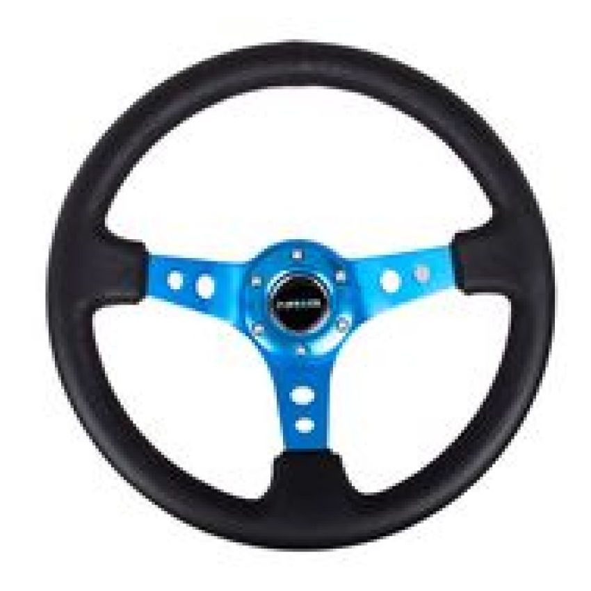 NRG Reinforced Steering Wheel (350mm / 3in. Deep) Blk Leather w/Blue Circle Cutout Spokes