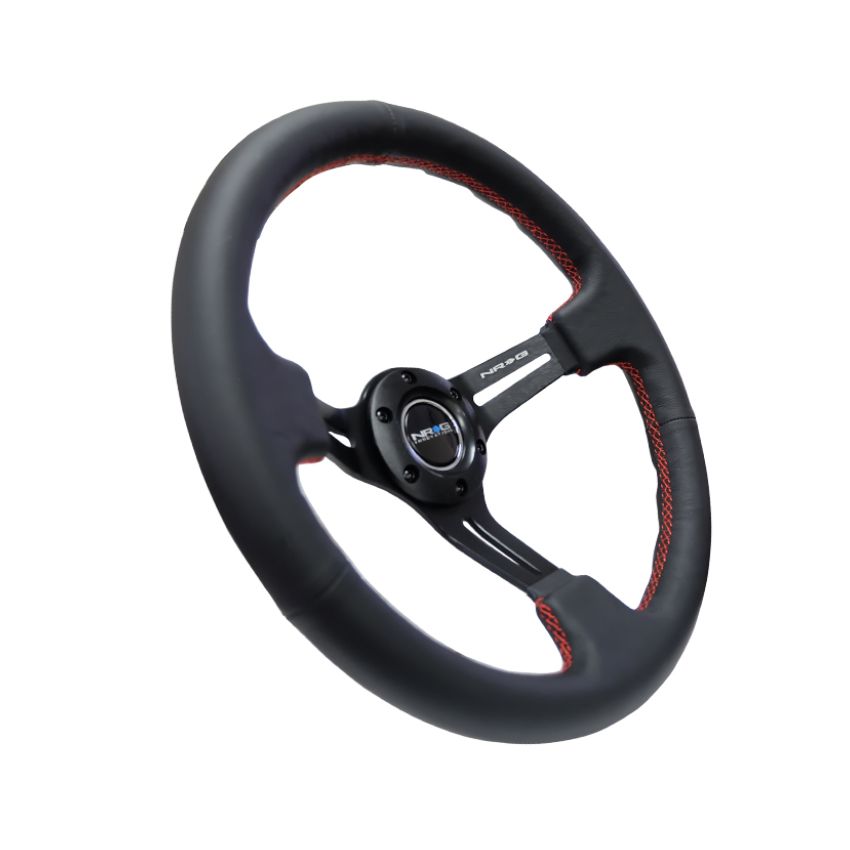 NRG Reinforced Steering Wheel (350mm / 3in. Deep) Black Leather/Red Stitch & Blk 3-Spoke w/Slits
