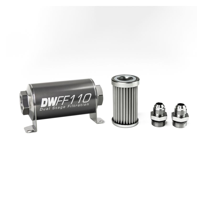 DeatschWerks Stainless Steel 8AN 5 Micron Universal Inline Fuel Filter Housing Kit (110mm)