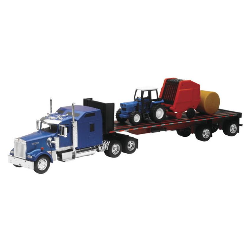 New Ray Toys SS-10353E Kenworth W900 with Flatbed, Tractor and Round Haybales/ Scale - 1:32