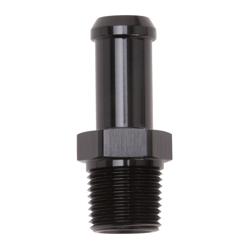 Edelbrock Hose End Straight 3/8In NPT to 1/2In Barb Black Anodize