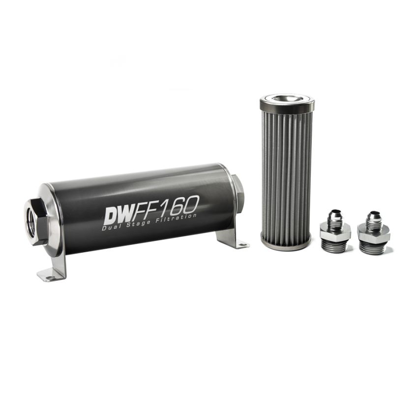 DeatschWerks Stainless Steel 6AN 40 Micron Universal Inline Fuel Filter Housing Kit (160mm)