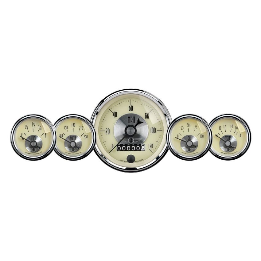 AutoMeter Gauge Kit 5 Pc 3-3/8in. & 2-1/16in. Elec Speedo W/Wheel Odo Prestige Antq. Ivory