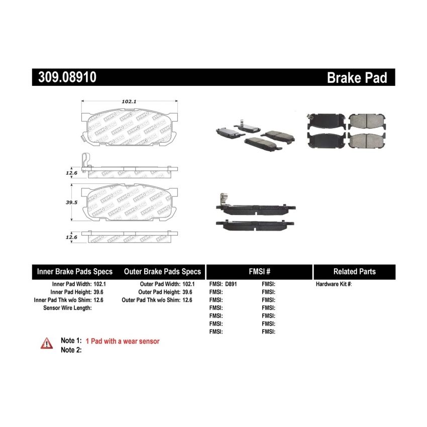 Stoptech 309.08910 Performance 01-05 Miata w/ Sport Suspension Rear Brake Pads D891