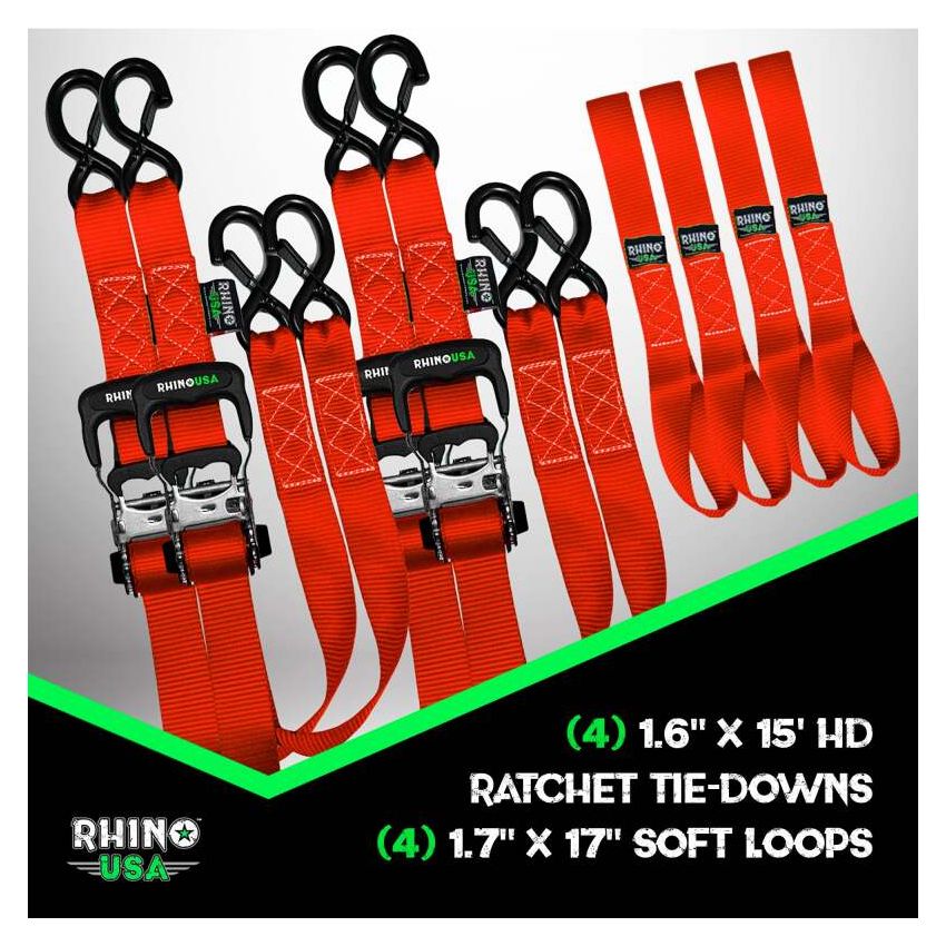 Rhino USA TD-GC1.6X15-RED Heavy Duty Ratchet Tie-Down 4-Pack Red 1.6In X 15Ft