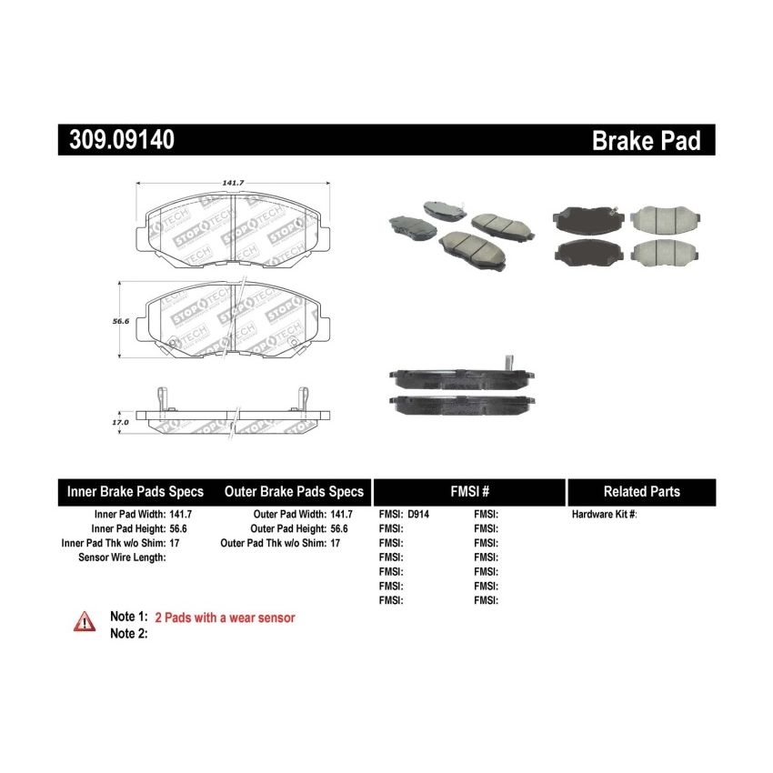 Stoptech 309.09140 Performance 03-10 Honda Accord / 02-06 CR-V / 03-08 Pilot Front Brake Pads