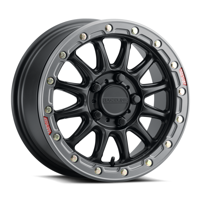 Raceline A14GR-57012+25 A14GR Alpha 15x7in/5x114.3 BP/25mm Offset/68mm Bore - Gunmetal & Red Ring Beadlock Wheel