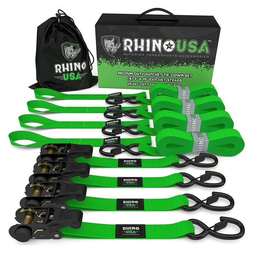 Rhino USA RCHT-4PACK-GRN Medium Duty Ratchet Strap Tie-Down 4-Pack (Green)