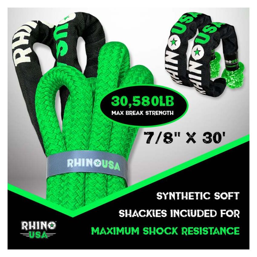 Rhino USA RG-KRKIT78X30-GRN 7/8In X 30Ft Kinetic Rope Recovery Kit W/Soft Shackles (Green)