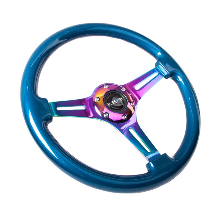NRG Classic Wood Grain Steering Wheel (350mm) Blue Pearl/Flake Paint w/Neochrome 3-Spoke Center