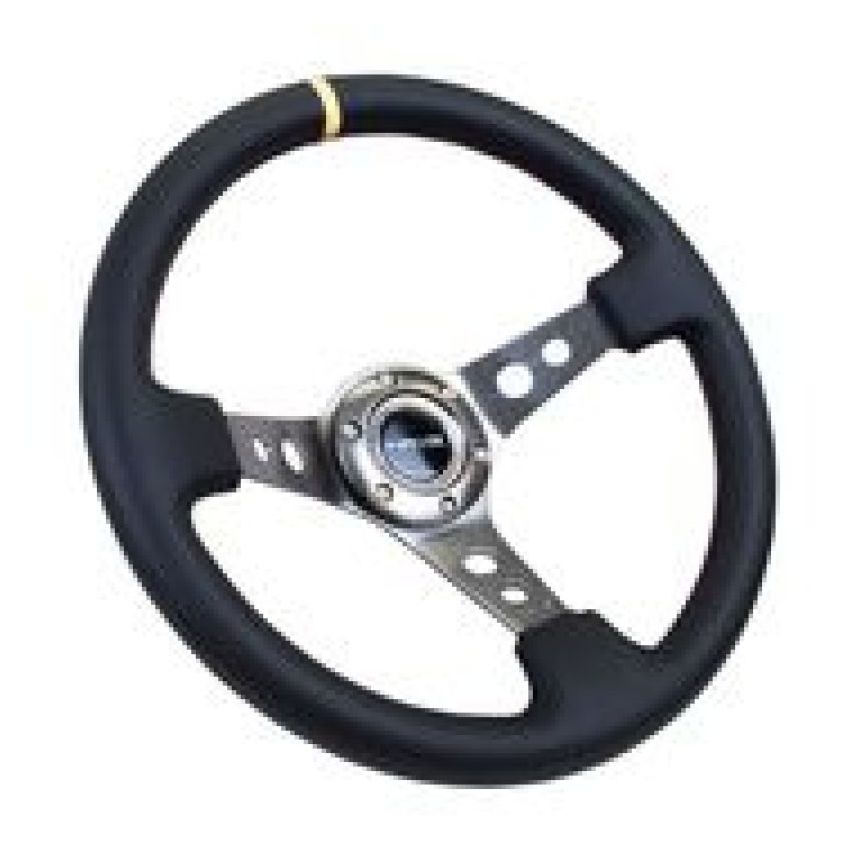 NRG Reinforced Steering Wheel (350mm / 3in. Deep) Blk Leather w/Gunmetal Cutout Spoke & Yellow CM