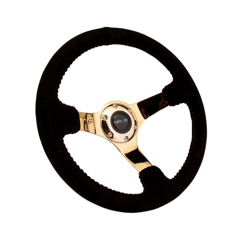 NRG Reinforced Steering Wheel (350mm / 3in. Deep) Blk Suede w/Red BBall Stitch & Chrome Gold 3-Spoke