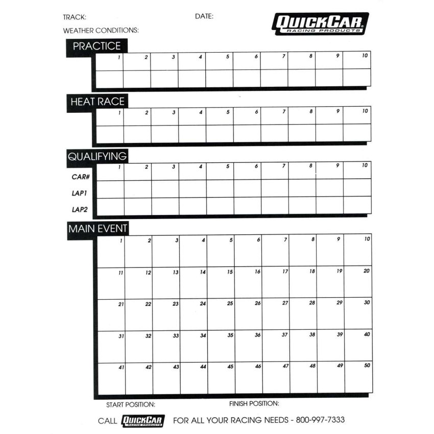 QUICKCAR RACING PRODUCTS QRP51-230 Time Organizer Sheets 50 Lap