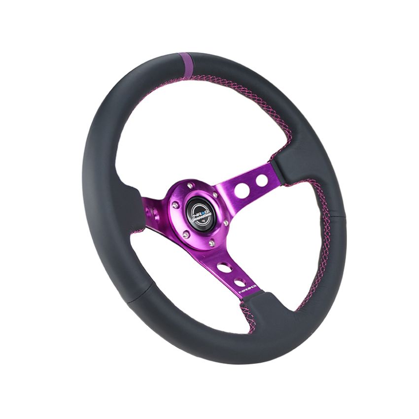 NRG RST-006PP Reinforced Steering Wheel (350mm / 3in. Deep) Black Leather w/Purple Center & Purple Stitching