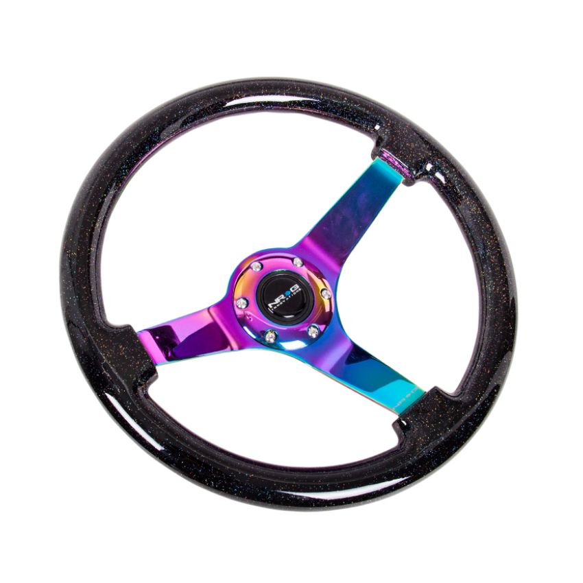 NRG Reinforced Steering Wheel (350mm / 3in. Deep) Classic Blk Sparkle w/4mm Neochrome 3-Spoke Center