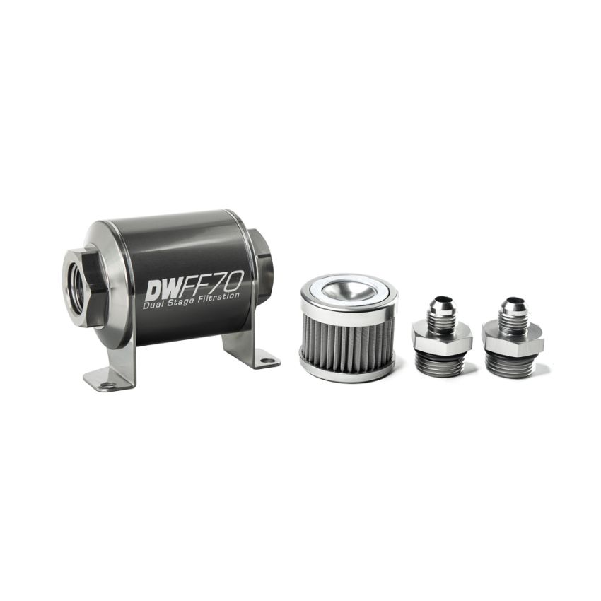 DeatschWerks Stainless Steel 6AN 40 Micron Universal Inline Fuel Filter Housing Kit (70mm)