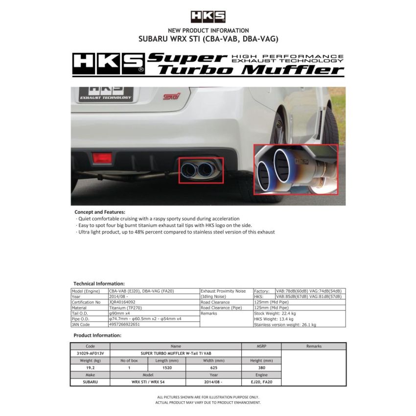 HKS 31029-AF013V SUPER TURBO MUFFLER Ti Subaru VAB WRX STI/VAG WRX S4