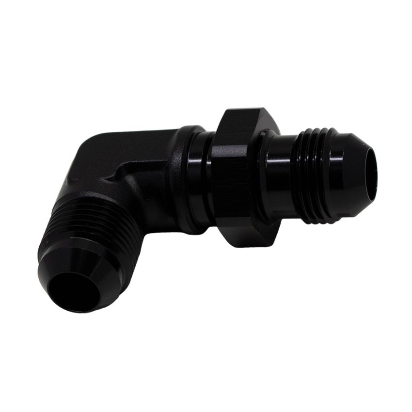 DeatschWerks 8AN Male Flare to 8AN Male Flare Bulkhead Adapter 90-Degree - Anodized Matte Black