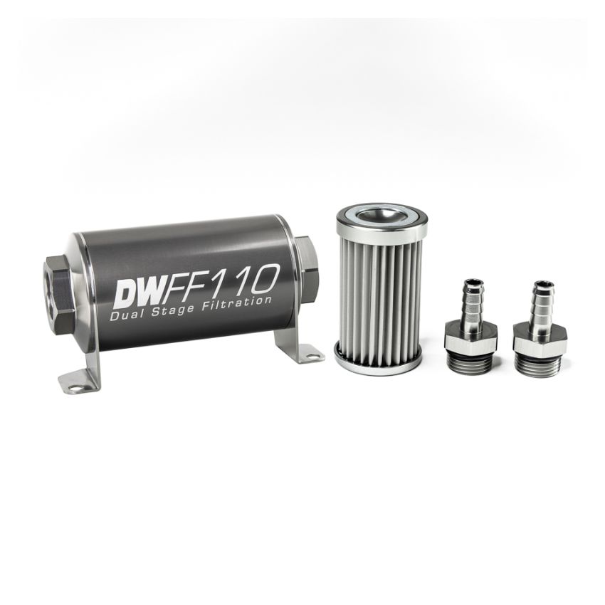 DeatschWerks Stainless Steel 3/8in 5 Micron Universal Inline Fuel Filter Housing Kit (110mm)