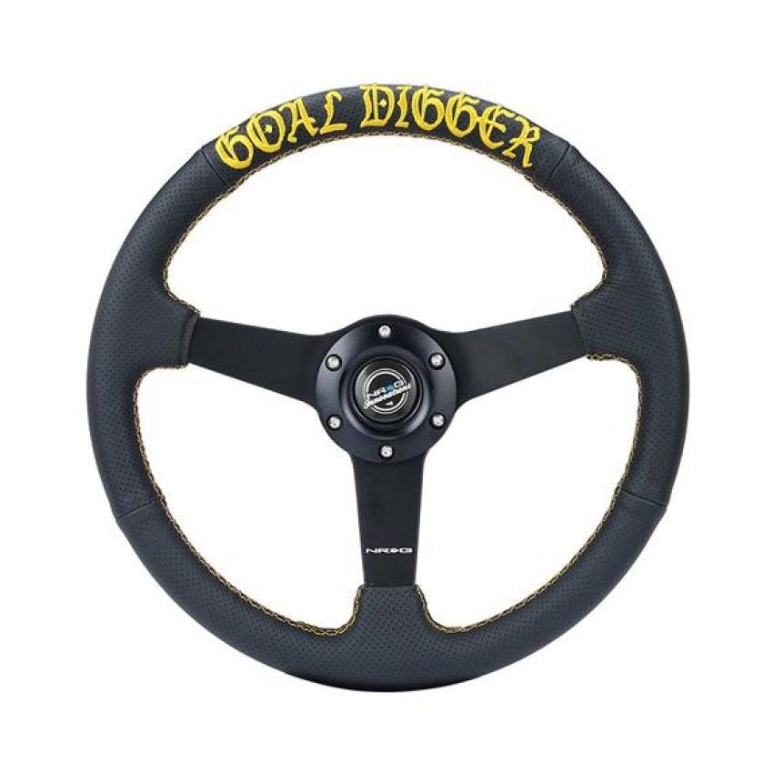 NRG RST-037MB-PR-GD Sport Steering Wheel (350mm / 1.5in Deep) Black Leather/Gold Stitch w/Matte Black Solid Spokes