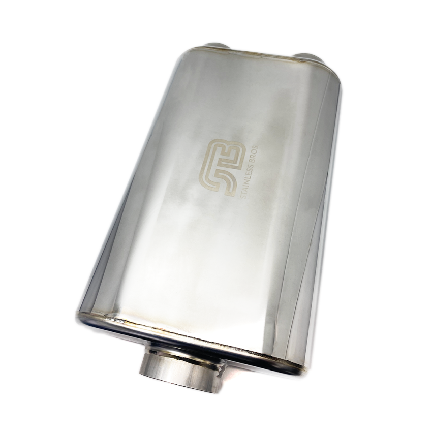 Stainless Bros 616-07623-0230 17in Overall Length 3in Thin Oval SS304 Muffler - 3in Offset In/Offset Out