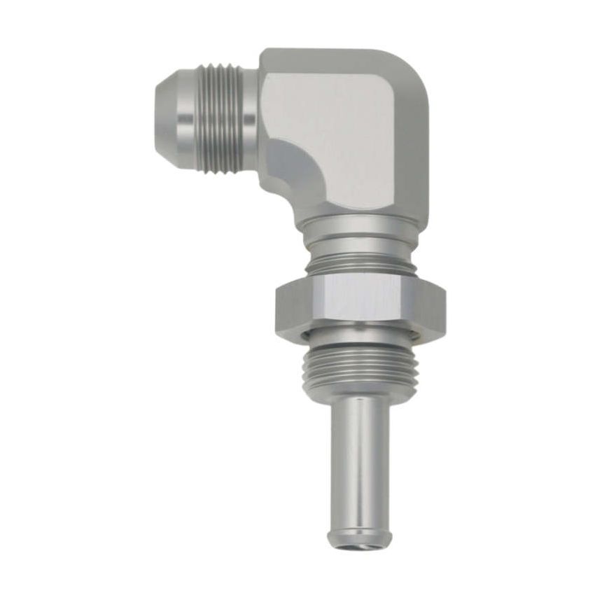 DeatschWerks 8AN Male Flare to 90-Degree 3/8in Single Hose Barb - Anodized DW Titanium