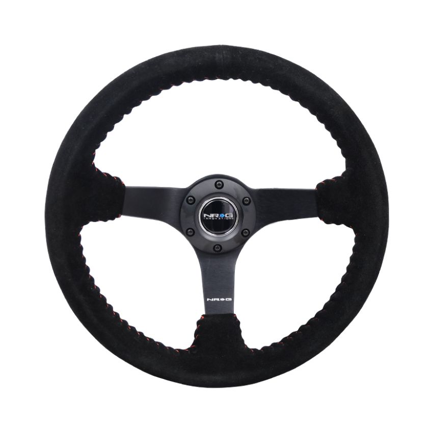 NRG Reinforced Steering Wheel (350mm / 3in. Deep) Blk Suede/Red BBall Stitch w/5mm Matte Blk Spokes