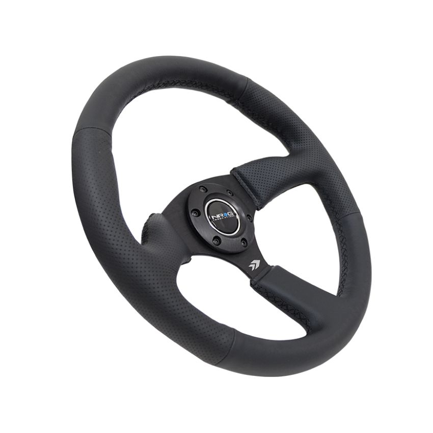 NRG Reinforced Steering Wheel (350mm / 2.5in. Deep) Blk Leather Comfort Grip w/5mm Matte Blk Spokes