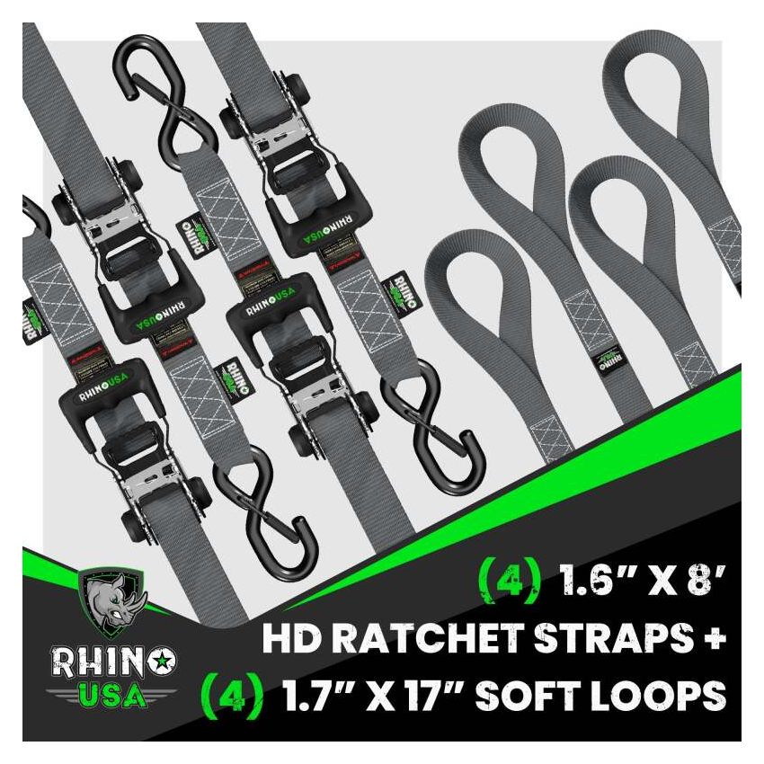 Rhino USA HDKIT-4PK-GRY Heavy Duty Ratchet Tie-Down 4-Pack (Gray) 1.6In X 8Ft