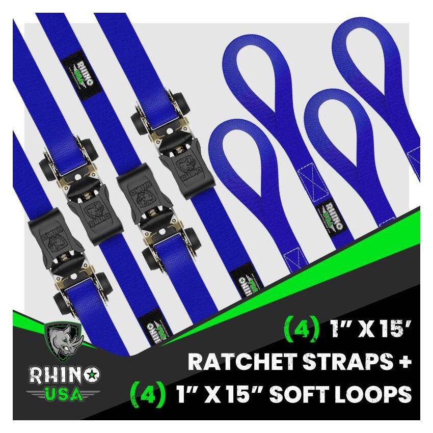 Rhino USA RCHT-4PACK-BLU Medium Duty Ratchet Strap Tie-Down 4-Pack (Blue)