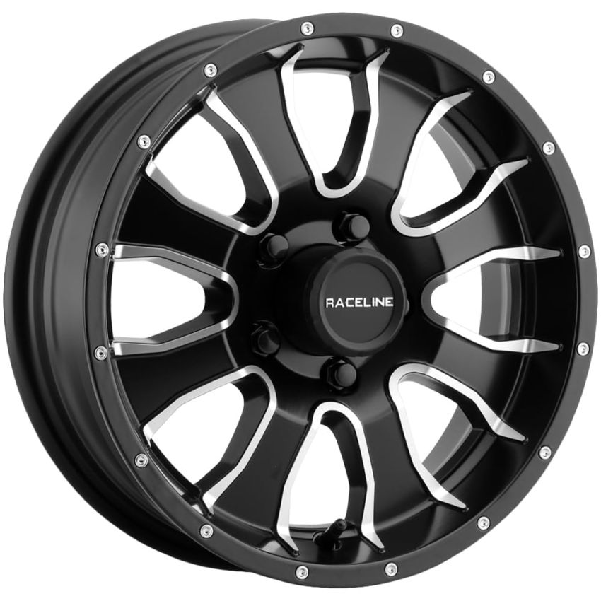 Raceline 860M Mamba 12x4in / 5x114.3 BP / 0mm Offset / 3.19mm Bore - Black & Machined Wheel