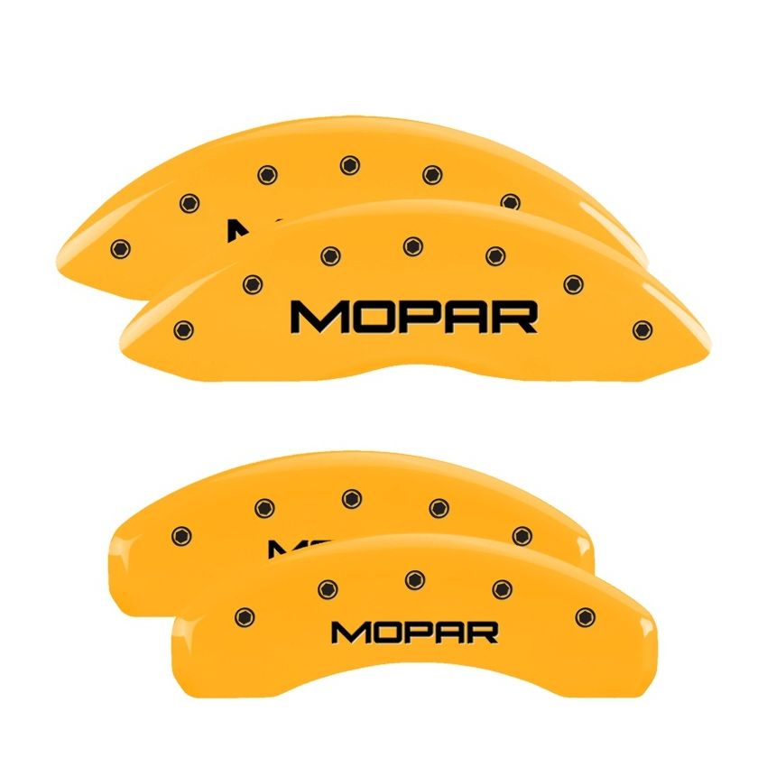 MGP 4 Caliper Covers Engraved Front & Rear 11-18 Dodge Durango Yellow Finish Black Mopar Logo
